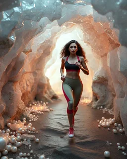 make a video pretty crystal cave covered with jwelary and 3d recursive cubic and sphere base pearls and a beautiful fashion model lady with cute,curvy hair,makeup, in pretty sports suit is running inside cave ,dynamic camera fallow her inside cave capturing full body, dynamic lights.