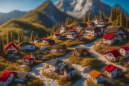 Hand sewn and embroidered extremely cute Austrian mountain village, threads, sewing needles on a table on lace blanket in a luxury bedroom, centre, bold colours elegant fantasy 8k beautiful dynamic lighting award winning imperial colors hyperrealistic ultra detailed 4K 3D high definition crisp quality colourful hdr in sunshine