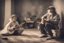 An angel handsome man with a very very!!! short, grey beard and moustache and a grey beret, with round black sunglasses and a shining halo plays guitar, in front of him a 7-year-old girl with blonde-brown hair is listening with her head propped on her elbow on a carpet, ethereal, heavenly, otherwordly, cinematic postprocessing, shading pastel and charcoal in sunshine, watercolor