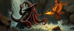 octopus bird witch bear by waterfall looks beyond really powerful slapping a bird in the face with fire, fantasy illustration, in the style of Rembrandt