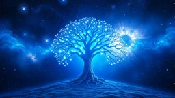 The tree of life in the center with luminous branches in a blue and galaxy-colored space in a special, eye-catching and psychedelic space.