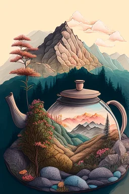 Cozy vibes drawing art tea pot, garden inside tea pot, mountain range in background