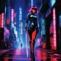 [art Russ Meyer] In the neon-drenched alleys of Neo-Tokyo, Shadowrunner Zero, a cybernetic assassin, stalks her target, a corrupt executive with chrome-plated bodyguards. With precision and stealth, she strikes, her mono-filament katana cutting through the first guard effortlessly. The scene unfolds in a futuristic dance of shadows and light, showcasing Shadowrunner Zero's deadly blend of technology and skill. As the fallen guard lies at her feet, Shadowrunner Zero embodies the essence of Neo-To