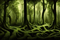 deep dark forest as a greate deep maze, hyper realist, hyper detailed