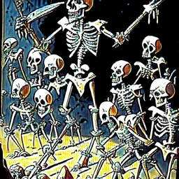 Stop motion animation, vintage animation art of an army of seven warrior skeletons from Jason and the Argonauts, ancient landscape, fantasy adventure, gothic warfare, cartoonist illustration, luminous, comic book style drawing in the style of Ray Harryhausen, Darren G. Davis, Scott Davis, airbrush 90s art, graphic novel, highly detailed, mythological fantasy, epic saga,