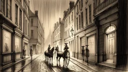 sketch lines, A rainy night in a Victorian-era city, with horse-drawn carriages on a cobblestone street, gas lamps illuminating the scene, and silhouettes of people walking in the distance, pencil drawing