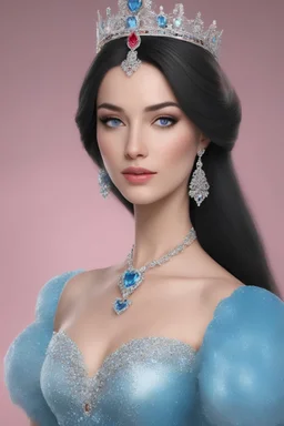 generate an image of a fake person that looks totally real, make them with long, straight black hair, blue eyes, well-endowed, wearing a jeweled tiara, a necklace with a heart-shaped ruby, transparent glass, slippers, and a light blue, cinderella ball gown with a plunging neckline.