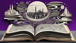 3d, egy kinyitott régi old book, kézírással írva egymás alatti hosszab, és rövidebb sorok, szavak, és listák egymás alatt, de nem olvasható betükkel, human form, circles, lines, around weird whimsical landscape sharp lines, many different size fade pale eyes, hands, building, and amorph shapes, fog, dark purple, gray, black, white, brown. nightmare style of Chagall , of Minjae Lee and Anton Semenov, Bosch, lonely in neurotipical life, neuron network with fog in background, surreal vibe