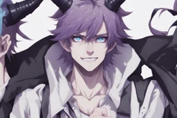 anime man with horns, fangs, messy purple hair and blue eyes