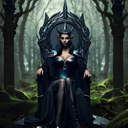 Morena Baccarin as a beautiful sexy dark elf queen seated elegantly on a throne in a mystical forest, dark celtic vignette frame, photo-realistic, cinematic lighting, award-winning photography