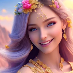 Beautyful smiling young woman, long hair amazing blue eyes, flowers, happy cosmic, bright colors, blue, pink, gold, jewels, realistic, photo real, clear sunny background, highly detailed, high contrast, 8k high definition, unreal engine 5, extremely sharp detail, light effect, sunny light background