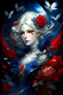 Raymond Swanland floral pattern, dark blue and red flowers, tiny diamonds and sapphires, pearls, fluffy white feathers, ivory blond curls, a slight smile on his face, realistic, intricate details, elegant digital illustration, painting, transparent background, whimsical, pastel, butterflies, muted colors, silver shiny accents. Josephine Wall, Queen Anne, Gustav Klimt. Thomas Kincaid, Elegant, fantasy, 8k, oil on canvas, beautiful, 4K 3D, crisp quality, colourful, very cute