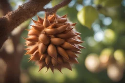 A chestnut on the tree, natural volumetric cinematic perfect light, 135mm, photorealistic, no bokeh, good depth of field, award winning photo, beautiful composition, 16k, HDR, sharp focus, masterpiece