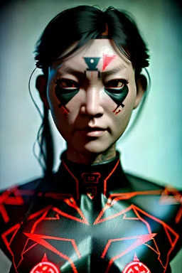 Studio photo portrait, Asian woman samurai, yakuza body tattoos, symmetry photography, cyberpunk, army dress, japanese traditional ornaments, red, white, black, led wires, glow eyes, cinematic, Ultra realistic, dark scene, wide angle view, soft color, highly detailed, unreal engine 5, RTX, ultra detail, 3d, finely drawn, high definition.