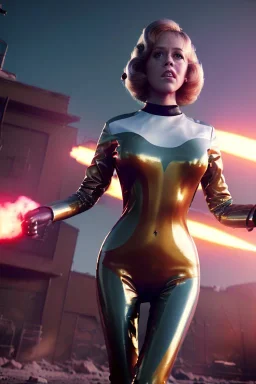 retro sci-fi press image, supermarket explosions from 1960, sweet young Jane Fonda, tight latex suit, weapon, fighting stance, soft color, highly detailed, unreal engine 5, ray tracing, RTX, lumen lighting, ultra detail, volumetric lighting, 3d, finely drawn, high definition, high resolution.