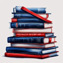 Hand drawn illustration, oil painting, midnight blue and red, stack of books with airbrushed tape, white background only