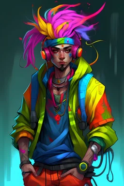 cyberpunk druid, wearing bright Asia-pop clothing, with wild coloured hair