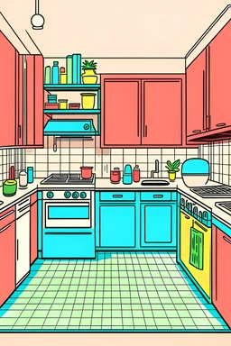 A cartoon drawing of a kitchen in the form of a straight, colored line