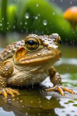 A toad getting wet on a rainy day