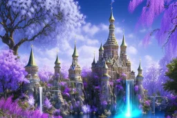 luminous white crystal russian castle,fountain, sun,swanns,waterfall, BLUE LAKE, SWANNs,blue bugainvillier flowers, jacaranda violet trees, sky pink blue, full of details, smooth, bright sunshine，soft light atmosphere, light effect，vaporwave colorful, concept art, smooth, extremely sharp detail, finely tuned detail, ultra high definition, 8 k, unreal engine 5, ultra sharp focus