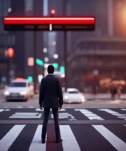 man standing in pedestrian crossing in busy city, pondering the world, close up, facing away, many people passing him