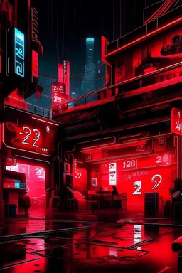 pos-apocalyptic cyberpunk city, a plubicity showing the number "2222", illuminated red neon, dark, high contrast