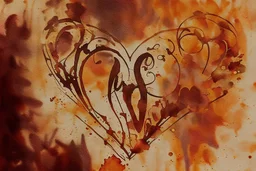 double exposure, merged layers, fireplace with dynamically blazing fire in coffee color, ink splatter art, watercolor and ink, golden glitters, double exposure heart and love