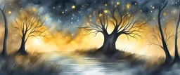 fantasy concept art coa with golden trees, stormy night sky, shooting stars, linear, watercolour