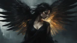 Dark and ethereal, the angel's black wings spread. Each wing carried with it an ancient story, a deep secret that hid in the shadows. cinematic detailed mysterious sharp focus high contrast dramatic volumetric lighting, :: mysterious and dark esoteric atmosphere :: digital matte painting by Jeremy Mann + Carne Griffiths + Leonid Afremov,, dramatic shading, detailed face