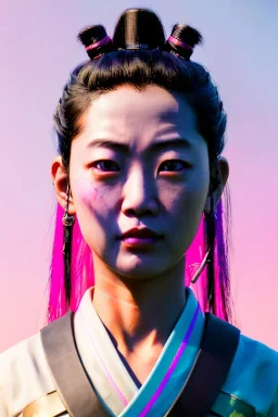 portrait, Asian woman samurai warrior :: symmetry photography, cyberpunk style, pink hair, black samurai army, katana, japanese traditional ornaments, pink, white, black, led wires, glow eyes, cinematic, Ultra realistic, dark scene, soft color, highly detailed, unreal engine 5, RTX, ultra detail, 3d, finely drawn, high definition.