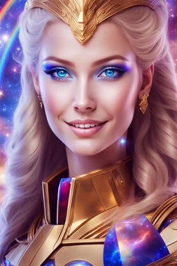 cosmic woman smile, admiral from the future, one fine whole face, crystalline skin, expressive blue eyes,rainbow, smiling lips, very nice smile, costume pleiadian, Beautiful tall woman pleiadian Galactic commander, ship, perfect datailed golden galactic suit, high rank, long blond hair, hand whit five perfect detailed finger, amazing big blue eyes, smilling mouth, high drfinition lips, cosmic happiness, bright colors, blue, pink, gold, jewels, realist, high commander