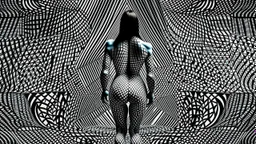 An abstract black and white image showing a person with their body patterned with geometric shapes and lines, creating a striking optical illusion effect.