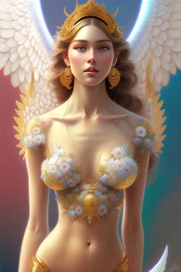 sexy angel, gardenia flowers, colorful, cute, intricate, smiling, elegant, highly detailed, digital painting, artstation, concept art, smooth, sharp focus, illustration, art by artgerm and greg rutkowski and alphonse mucha