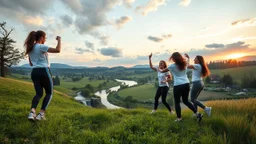 a group of young ladies in sports pants and blouse are dancing to camera in village over high grassy hills,a small fall and river and wild flowers at river sides, trees houses ,next to Ripe wheat ready for harvest farm,cloudy sun set sky