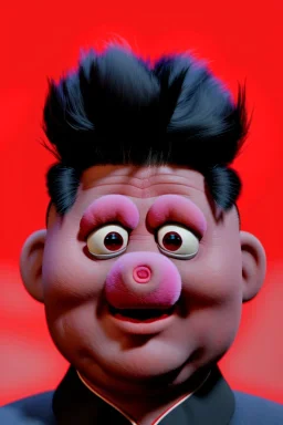 Waist up muppet Portrait, Kim Jong-un muppet doll, black suit, photo studio, red background, unreal engine 5, concept art, art station, god lights, ray tracing, RTX, lumen lighting, ultra detail, volumetric lighting, 3d.