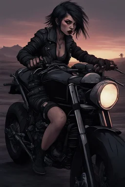 scarred vampire girl showing fangs with short cropped cyberpunk hair riding a black cafe racer motorcycle in a post apocalyptic wasteland at dusk