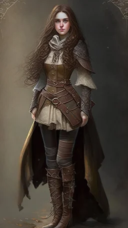 girl, brown hair, Her eyes are brown, she wears fantasy medieval clothes, she is slim, full body with boots