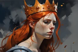Painting of an epic portrait of a tired serious redhead young woman queen in battle with her crown