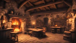 A tavern from the middle age with warm colors with no one. A fire is burning in the chimney