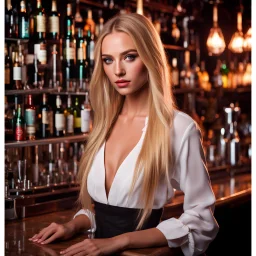 stunning 20 year old woman, fiesty expression, long blonde hair, photorealistic, 4k,standing behind a bar