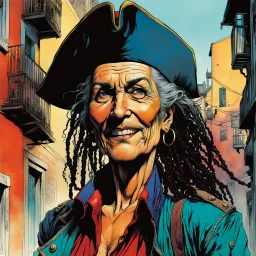 create an imaginative aged female, ornately dressed Turkish pirate with finely detailed facial features, short dreadlock hair, in the backstreets of Istanbul, in the comic book art style of Bill Sienkiewicz, Mike Mignola, and Jean Giraud Moebius, finely textured, drawn, colored, and inked