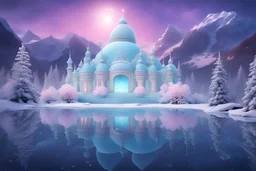 magnificent palace in the snow, bright,in the foreground icy lake of turquoise water,,golden domes, magical and magical atmosphere, in the background snowy mountains, dark blue sky with stars, light particles and a small planet, stars in the sky, pink fir trees,