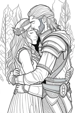 Fantasy coloring page, minimal detail. HD. Woman hugging a male knight with a beard. No background detail.