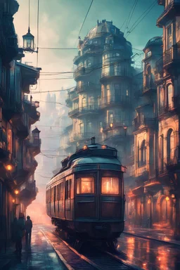 porto city view in fantasy cyberpunk style with famous tram