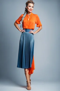 full body of very beautiful lady midi blue pleated skirt and orange bluse , Braided hair ,standing idle happy pose in studio pretty makeup