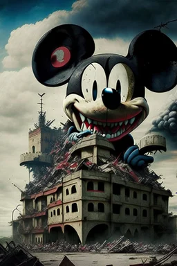 MICKEY MOUSE WITH ACCURATE EYES AS A HUGE GODZILLA DESTROYING BUILDINGS IN SOUTH AFFRICA