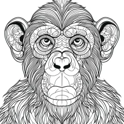 Chimpanzee, front view, mandala, minimal lines, cartoon, white back ground color, real style, realistic, minimalistic, minimal black line art, line art, crisp line art, unique coloring sheet, outlined, outline, crisp, crisp line edges, illustration, thin lines, crisp clear lines, line art, clean line art, unique, 8k, amazing, masterpiece, no colors, no dark color, no black color, avoid thick black, minimalistic line edges, pure white back ground, image character full fit to page,