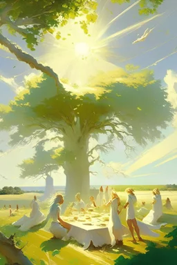 A vast plain, a cool and gentle wind blowing, green trees covering the landscape around the plain, a small tree side around the plain, a table full of food under it, men and women in bright white clothes laughing and beaming. Sunlight on their white skin and golden hair.