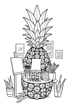 Pineapple Cozy Art Studio Coloring Page: A pineapple cross-section displaying an art studio. Features an easel, paint palettes, brushes, and artworks hung on the walls.