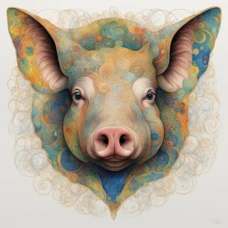 Leonardo Da Vinci's stunning psychedelic masterpiece of a fascinating pig head with extraordinary eyes and elongated ears, with colorful ink, shows Leonardo's style. Adorned with intricate swirls, dots and patterns on white background. Vibrant blue, green, gold, silver, amber, warm yellow and platinum layer recalls the colors of Gustav Klimt. Delicate pencil-like lines create timeless hand-drawn quality. The pig's face is central focus, vector style, preserving the essence of hand-drawn work